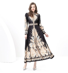 Detail of vintage baroque print long dress with lapel collar and belted waist design