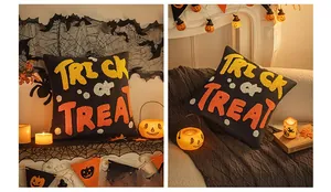 Detail of Trick or Treat embroidery on Halloween throw pillow cover for sofa decoration