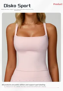 Close-up of pale pink yoga vest featuring wide shoulder straps and square neckline