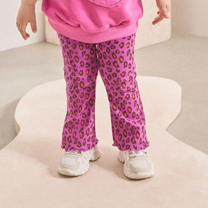 Girls Leopard Print Flared Leggings Cotton Ribbed Knit Bell Bottoms Elastic Waist Casual Trousers