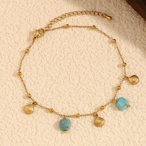 Bohemian 18K gold plated stainless steel anklet with shell charm and blue amazonite beads