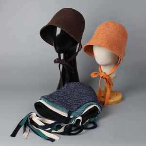 Knitted Bucket Hat Cotton Polyester Breathable Tie Straps Wide Brim Sweet Lolita Style Fisherman Sun Hat For Women