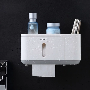 Wall-mounted waterproof toilet paper holder with top shelf and visual window for tissue storage