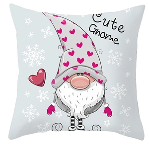 Detail of cute gnome with pink heart hat printed on soft blue peach skin cushion cover