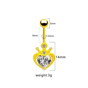 Piercing de nombril couronne cœur doré avec zircon blanc, bille 5mm et tige de 8mm