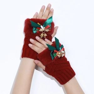 Winter plush half-finger cycling gloves with red bow and gold bell for Christmas
