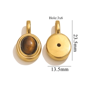 Detailed view of oval tiger eye stone pendant with gold stainless steel back and dimensions