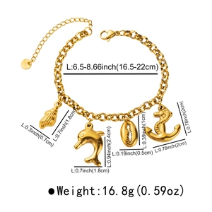 Detailed close-up of gold-plated stainless steel ocean charm bracelet with dimensions