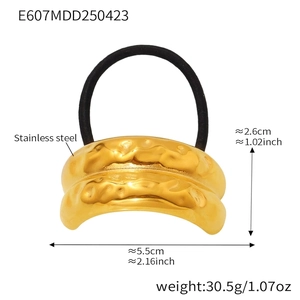 Detailed specs of stainless steel hair tie with hammered gold metal buckle and elastic band