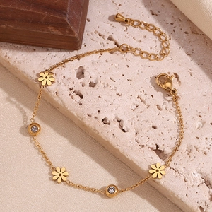 18K gold plated stainless steel flower bracelet with sparkling crystals for women