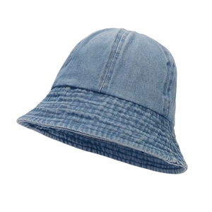 Classic light blue denim bucket hat with reinforced brim stitching and casual round top