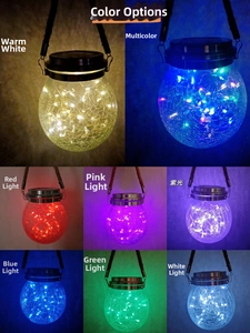 Detailed grid showing solar crackle glass jars glowing in eight vibrant LED colors