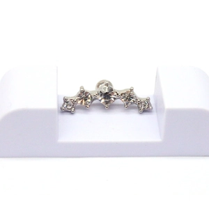 Sparkling stainless steel stud earrings with five curved clear crystals on a white stand