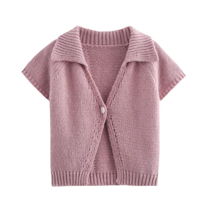 Women Knit Top V Neck Short Sleeve Cardigan Button Front Lapel Sweet Cute Autumn Polyester Knitted Sweater