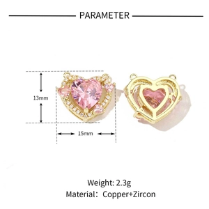Detailed views of gold copper heart pendant with pink zircon and 13x15mm dimensions