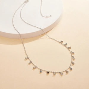 Close-up of S925 silver necklace with multicolored zircon stars on a modern display