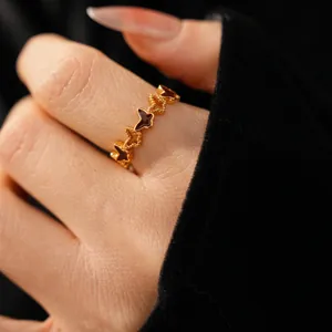 Butterfly Open Adjustable Ring Copper Real Gold Plated Red Enamel Hollow Jewelry For Women Elegant Retro