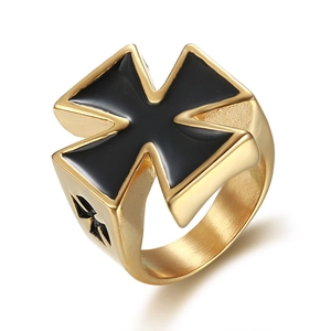 Retro stainless steel cross ring for men with black enamel inlay and golden finish