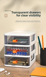 Three-layer clear desk organizer with white frame and bright orange silicone handles