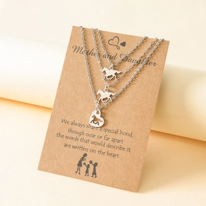 Three-piece stainless steel mother and daughter horse necklaces with gift message card