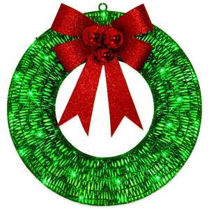 Detail of Christmas wreath with red glitter bow, ornaments, and glowing green LED lights