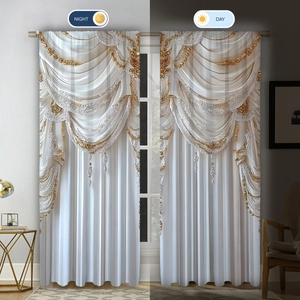 Luxurious 3D printed curtains with gold tassels shown in day and night lighting effects