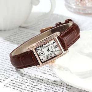 Women Quartz Watch Rectangular Rhinestone Alloy Case Leather Strap Roman Numerals Vintage Elegant Ladies Wristwatch
