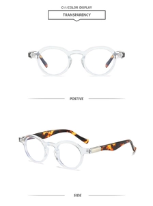 Detailed front and side views of vintage small round sunglasses with amber tortoise temples