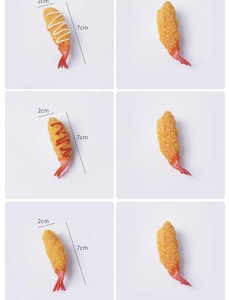 Detailed size view of realistic 7cm tempura shrimp food model charm with breaded texture