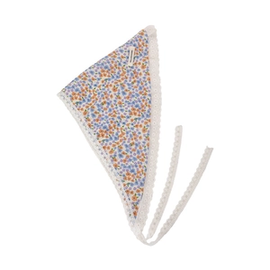 French vintage floral cotton triangle headscarf with delicate blue lace trim details