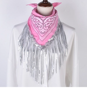 Close-up of pink paisley bandana with shimmering silver sequin fringe on a mannequin