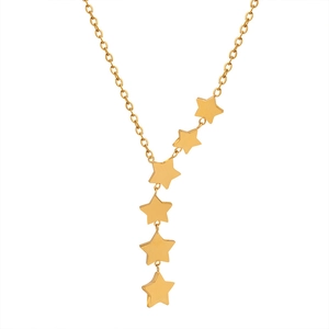 Minimalist gold star tassel necklace in titanium steel with polished finish on white backdrop