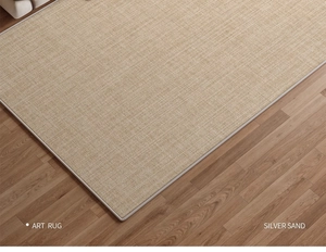 Close-up of Silver Sand art rug with cross-weave texture and premium stitched edges