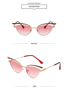 Detailansicht der goldenen Cat-Eye-Sonnenbrille mit rosa Verlaufsgläsern und Bügelenden