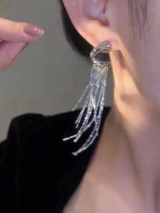 Close-up of silver tassel drop earrings on model showcasing elegant geometric movement