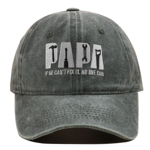 Detail of PAPA embroidery with tool icons on vintage washed grey baseball cap