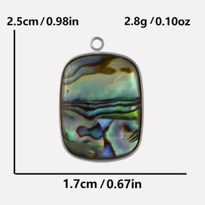 Macro view of abalone shell pendant with 304 stainless steel frame and dimensions