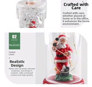 Macro detail of Christmas snow globe lamp with Santa Claus, black cat and LED light