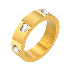 18K gold plated stainless steel wide ring featuring three heart-shaped cubic zirconia stones