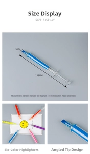 Macro detail of syringe-shaped highlighters showing 138mm length and 5mm chisel tip width
