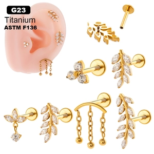 G23 Titanium Labret Stud Lip Ring Internal Thread Cubic Zirconia Leaf Crown Helix Piercing Jewelry For Women