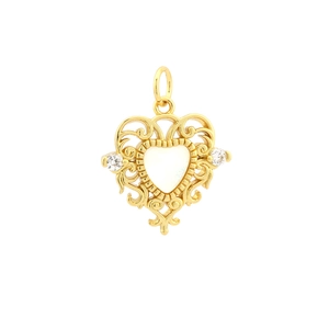 Macro detail of 18K gold-plated heart pendant with hollow design and white finish