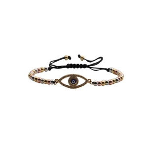 Three-tone evil eye beaded bracelet with adjustable cord and sparkling cubic zirconia