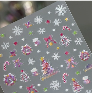 Close-up of 5D embossed Christmas nail stickers with glitter snowflakes and trees