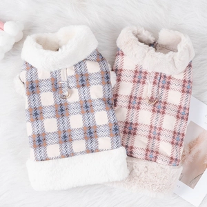 Warm plaid dog vest with thick faux fur collar and D-ring for leash attachment