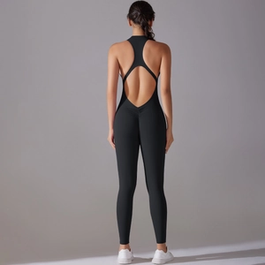 Macro detail of backless yoga jumpsuit featuring scrunch butt and racerback design