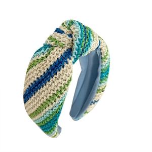 Serre-tête bohème en paille rayée avec nœud pour femmes aux couleurs d'été bleu et vert
