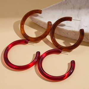 Resin C-Shaped Hoop Earrings Tortoise Shell Maillard Style Retro Geometric For Women With 925 Sterling Silver Earring Post