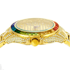 Detailed side view of luxury gold watch with rainbow gemstone bezel and full diamond pavé