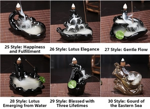 Close-up of ceramic backflow incense burners with lotus and Buddha hand designs